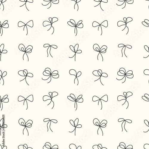 Doodle Bow knots seamless pattern. Black line art rope bows. Outline sketch present packaging element background. Elegant minimal gift decoration