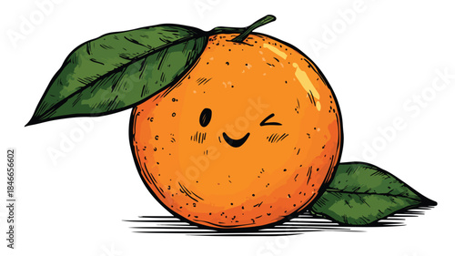 Cheerful Winking Cartoon Orange with Leaf Vector Illustration