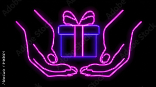 Neon outline icon of two hands holding a wrapped Christmas gift
