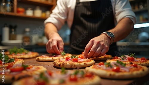 Chef arranges fresh ingredients on small pizzas in kitchen. Man prepares fast food, pizza making process. Culinary professional works at wooden table.