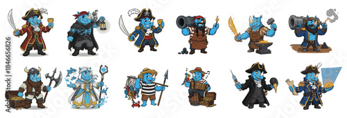 Character Lineup of Adventurous Rhinoceros Pirates. Versatile Rhino Mascot Illustrations