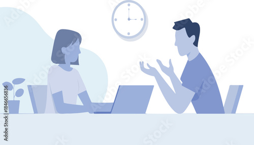 Minimalist Flat Vector Illustration of Business Meeting. Monochromatic Corporate Communication and Teamwork. Project Deadline and Time Management Illustration. 