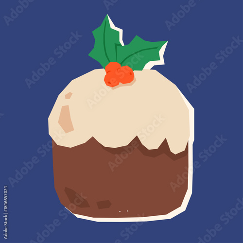 Festive Christmas pudding dessert with white icing and holly berries on top in simple paper cutout style on navy background. Cozy winter holiday element for greeting cards, posters and decor.
