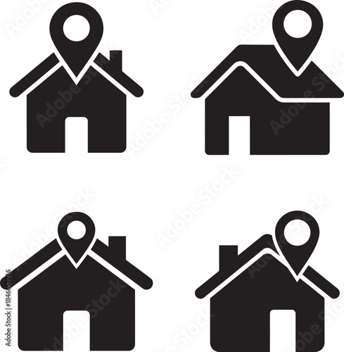 A collection of home location and address pin icons for maps and applications