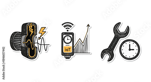 A compelling set of hand-drawn style icons illustrating modern technological advancements, smart solutions, industrial efficiency, and time-saving maintenance processes.
