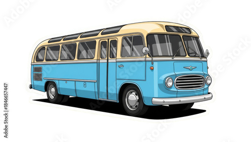 Vintage Blue and Cream Bus Illustration on White Background.