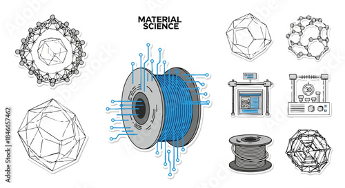 This illustrative set delves into the fascinating world of material science, depicting advanced technological components, intricate molecular structures, and innovative manufacturing.