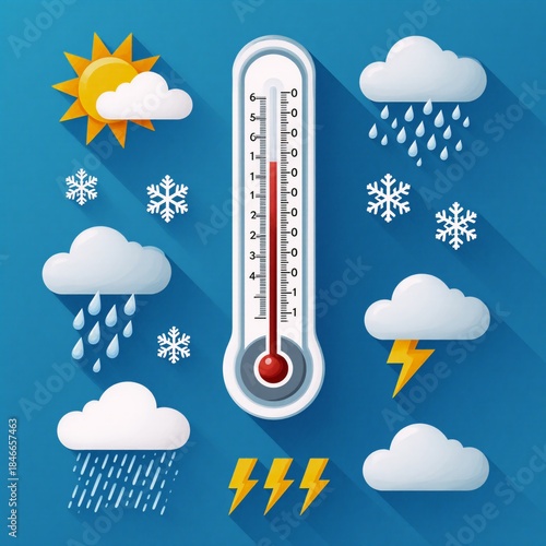 Meteorology-themed weather icon set showcasing temperature rain snow cloud cover and humidity in various seasons