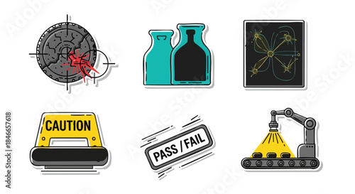 A versatile set of industrial process and quality control icons, showcasing manufacturing, safety, engineering, and testing for contemporary business.