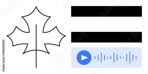 Maple leaf outline next to bold equal sign bars and a play button with sound wave design. Ideal for nature, equality, Canada, audio, minimalism, balance, technology. Simple flat metaphor