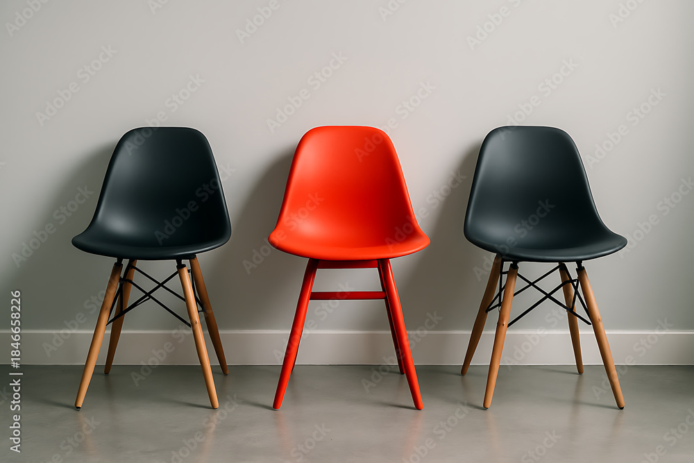Obraz premium Modern minimalist interior showing three stylish chairs with bold red seat standing out in contrast between two black wooden chairs