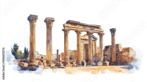 Roman ruins of Timgad. Roman ruins of Timgad hand drawn watercolor illustration on white background