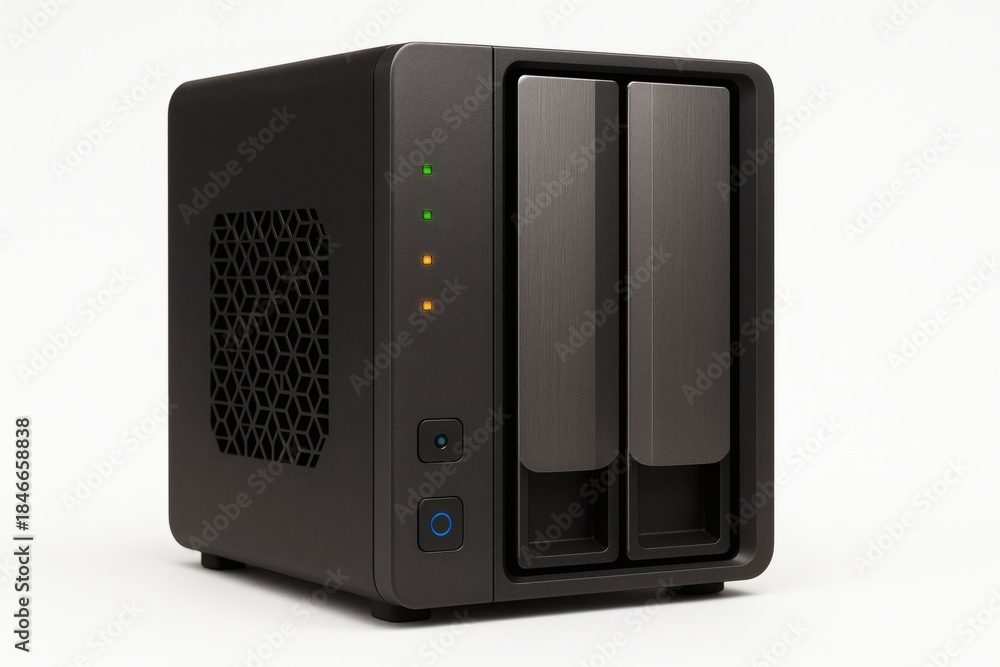Fototapeta premium NAS Enclosure Mockup on White Background, Sleek Modern Network Storage Device for Tech and Data