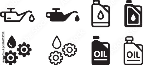 Oil engine motor icon set in flat solid style, isolated on white, ideal for auto service and repair