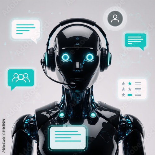 Virtual help chatbot icon set with headset-wearing customer support bots