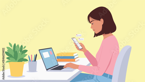 Woman Home Office Desk Laptop Smartphone Remote Work Productivity Digital Communication Vector Illustration