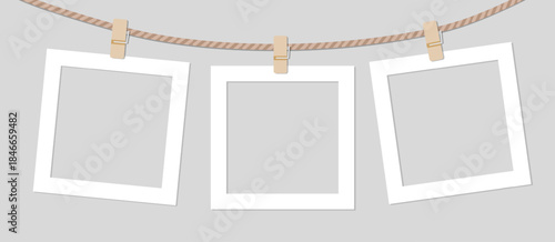 Realistic retro set photo frames hanging on rope isolated on white background vector illustration. Vector illustration of square blank paper. Border blank paper photographs.