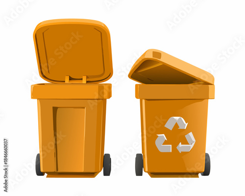 Two orange trash cans with open lids showing recycling symbol on one
