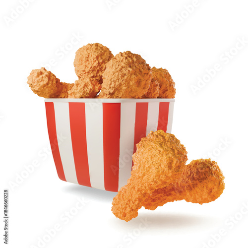 Fried Chicken With striped Bucket 3d Cartoon. Hot crispy strips crunchy pieces. Isolated wings meat Vector Icon Illustration.