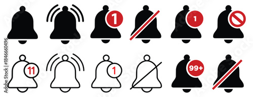 Bell notification icon set. Alarm bell icon set for notification and reminder. Alarm symbol. Reminder icon of ringing bells, sign for incoming inbox messages.