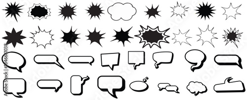 Comic burst, speech bubble, and text box silhouettes in vector style. essential graphic elements set for comic design, pop art, dialog highlights, and creative retro style