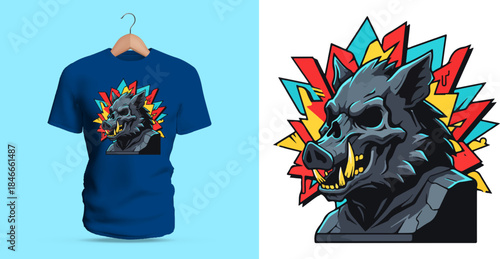A bold T-shirt design displaying a fierce wolf head bursting through neon shards with sharp angles, vivid outlines, glowing accents, and powerful snarl details. The dramatic palette