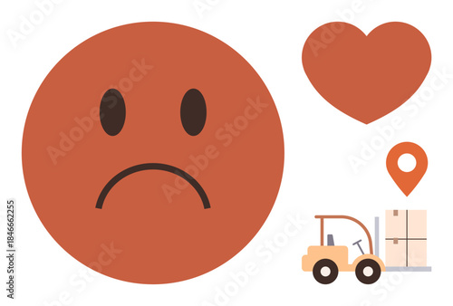 Sad expression paired with a heart, forklift transporting a box, and location pin. Ideal for dissatisfaction, delivery issues, customer feedback, logistics, emotions, relationships transportation