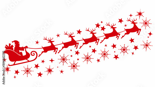 Santa claus and reindeer silhouette flying through a starry winter night