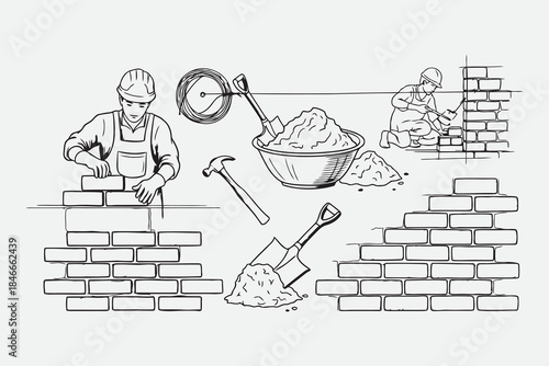 Hand Sketched Masonry and Bricklaying Construction Vector Set