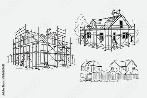 Hand Drawn Residential Construction Scene Vector Illustration Set