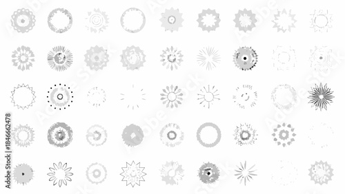 A collection of grayscale circular gear and sprocket illustrations on a white background