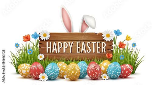 A happy easter illustration with a wooden sign, bunny ears, and colorful eggs