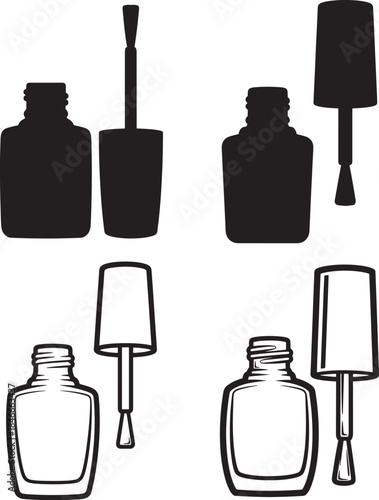A set of nail polish bottle and applicator illustrations featuring both silhouettes and outlines