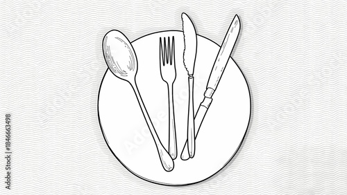 A drawing of a plate with a knife, fork, and spoon on it.