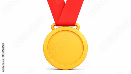 An orange medal with a red ribbon around it.