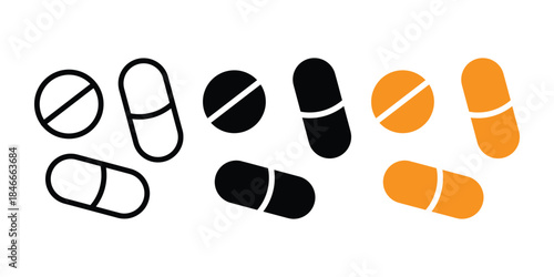 Medical pill icons on white background. Medication dosage icon set