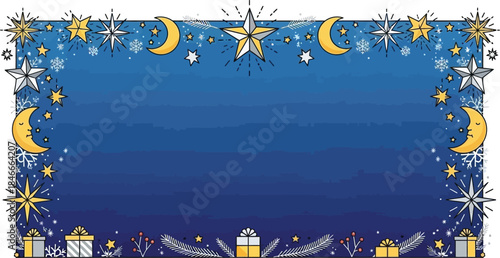 Magical Christmas Night Sky Frame with Stars, Moons, Snowflakes, and Gifts on a Blue Background, Whimsical Holiday Border.