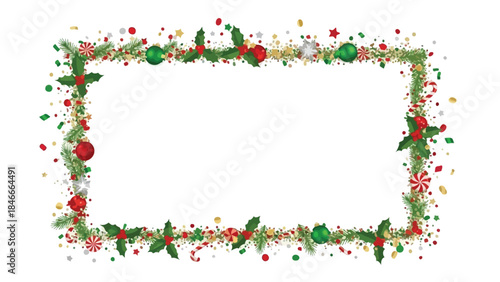Vibrant Christmas Frame with Holly, Pine, Ornaments, Candy Canes, and Scattered Confetti, Joyful Holiday Celebration Border.