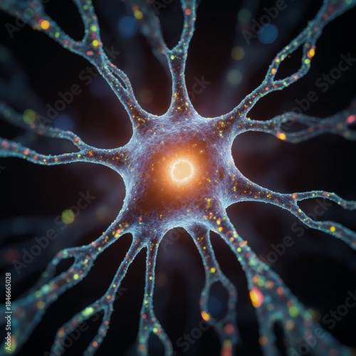Neuron cell with glowing core showcasing neural networks and advancements in science for medical  technology innovation