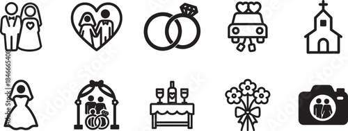 Family and wedding outline icon set with rings, dress, car, bouquet, ceremony, party.