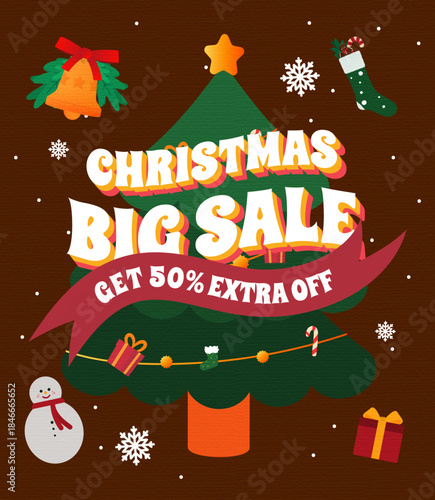 Christmas Big Sale illustration with a decorated tree, snowman, and gifts. Features 'GET 50% EXTRA OFF' banner. Ideal for holiday promotions and discounts.