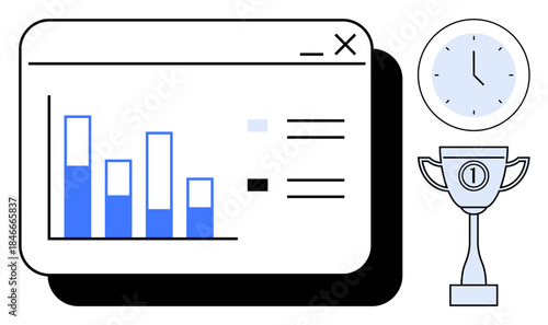 Data analytics. Data analytics ed by a bar graph with clock and trophy emphasizing performance and time management. Data analytics for business, marketing, education, productivity, strategy