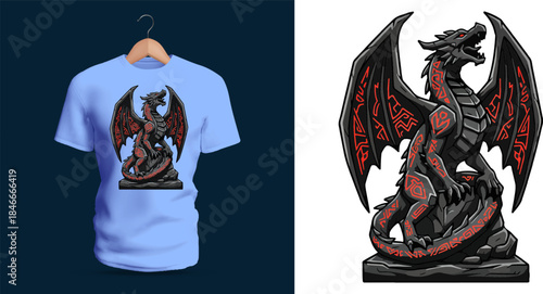 A powerful T-shirt design featuring a dark obsidian dragon covered in glowing runes, posed atop a stone pedestal with large wings, sharp claws, and molten-red accents. The mystical markings, volcanic