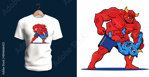 A bold T-shirt design featuring a muscular red oni overpowering a blue creature in a fierce wrestling stance, with exaggerated anatomy, heavy shadows, dynamic tension, and mythological Japanese demon