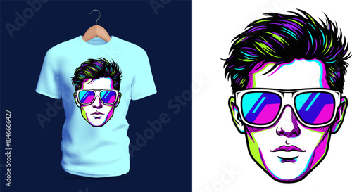 Vector T-shirt design of a stylish male face wearing reflective neon sunglasses. The portrait features sharp facial lines, bold shadows, and vivid color accents, creating a modern retro-inspired