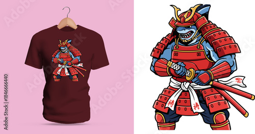 A unique T-shirt design portraying a shark-headed samurai dressed in traditional armor, gripping dual swords with fierce determination. Bold angular plating, vivid colors, dynamic posture, and hybrid