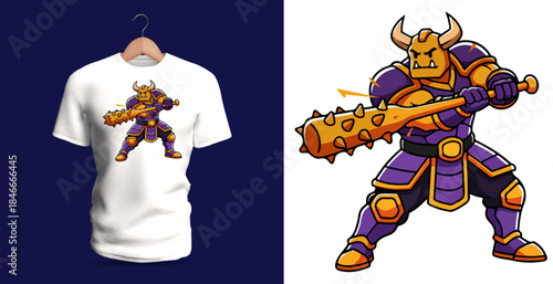 A striking T-shirt design depicting a spiked-armor warrior wielding a massive mace, with thick outlines, glowing accents, bold plates, and dramatic heroic posture. The fierce purple-gold palette