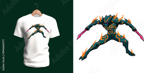 A futuristic T-shirt design depicting a cybernetic ninja in a crouched attack pose, with neon armor lines, glowing edges, sharp claws, and agile angular silhouette. The sci-fi energy, electric palette