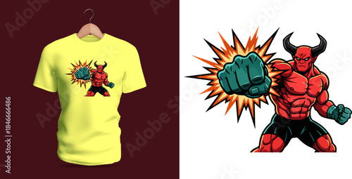 A fierce red demon warrior smashing forward with a massive glowing fist, illustrated in bold comic style with explosive energy effects. The design highlights raw power, aggression