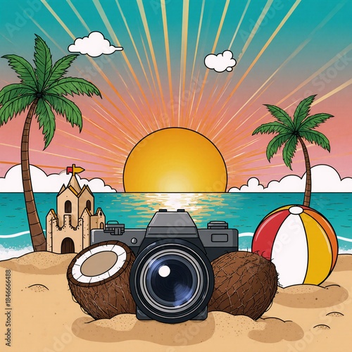 Glyph icons for summer vacation sunrise camera coconut and more